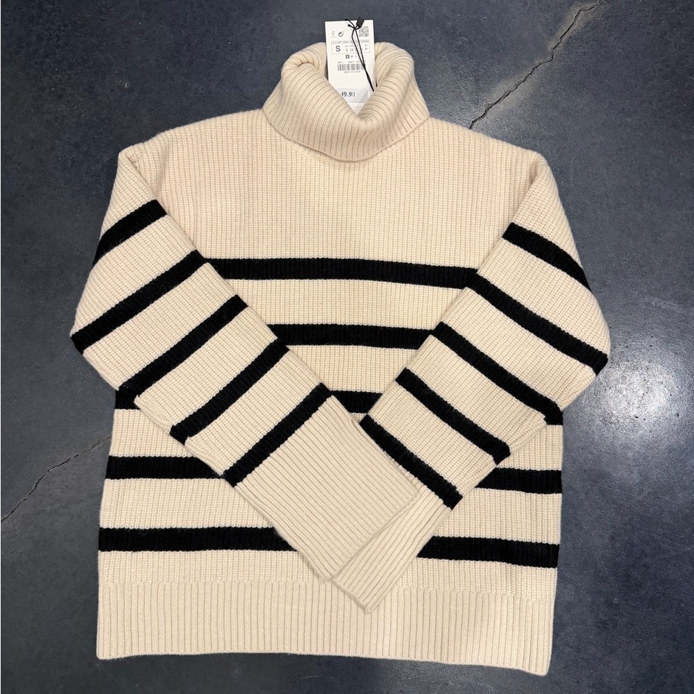 Zara Cream and Black Striped Turtleneck Sweater
